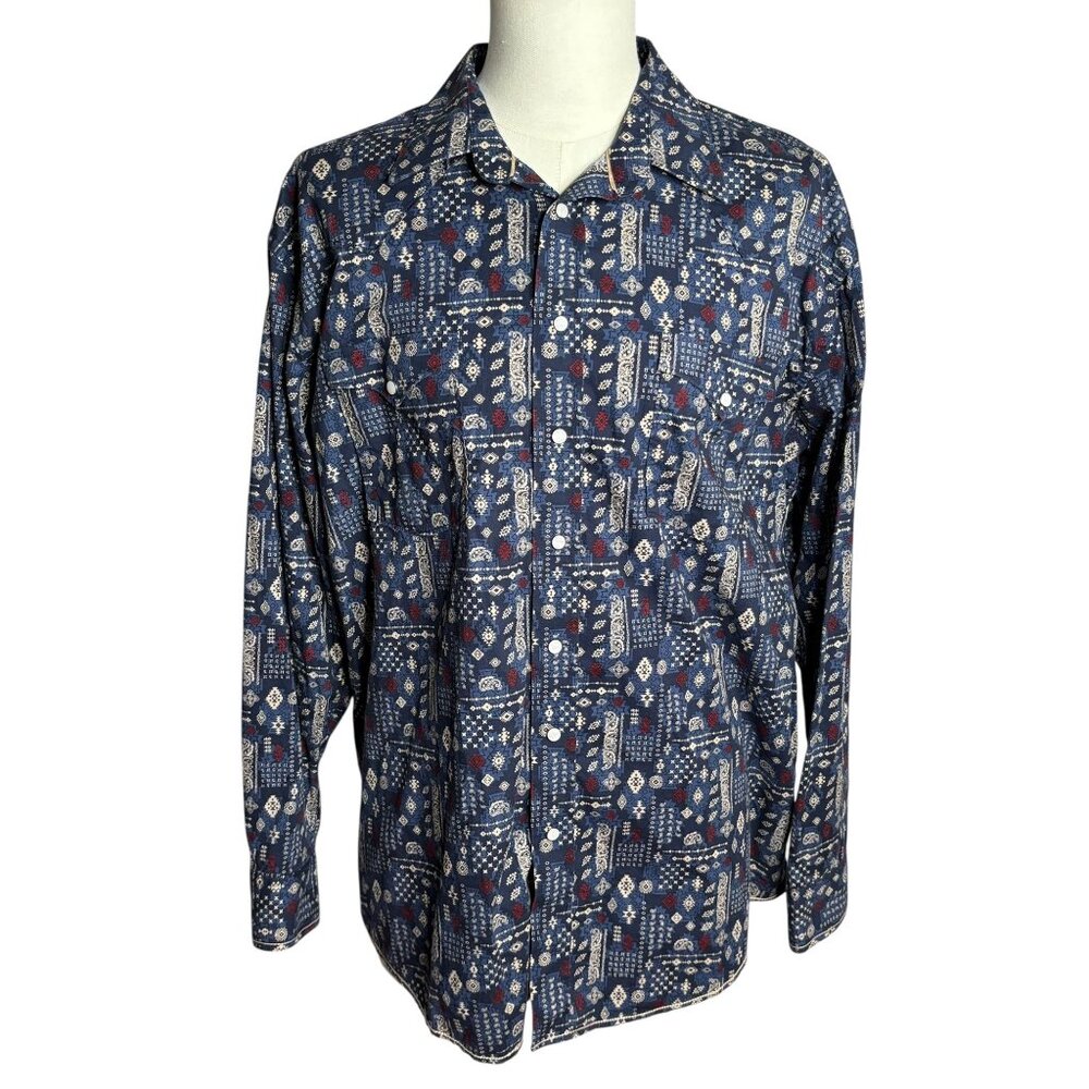 Panhandle Pearl Snap Western Shirt Large Blue Paisley Long Sleeve One Point
